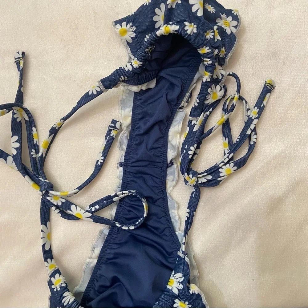 New! PINK x Frankie's Bikinis Blue/White Daisy Reign Bikini Bottom 3733